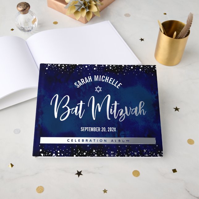 Bat Mitzvah Navy Watercolor Bold Real Silver Foil Gästebuch (Vorderseite offen)