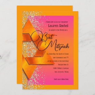 Bat Mitzvah Orange Pink Ombre Imitate Gold Glitzer Einladung