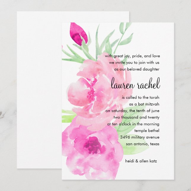 Bat Mitzvah Painted Watercolor Pink Roses Einladung (Vorne/Hinten)