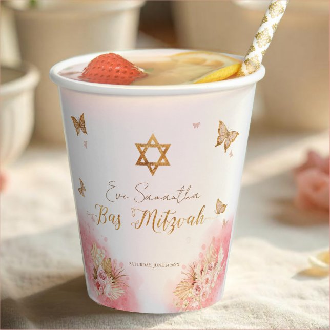 Bat Mitzvah Paper Cups | Rosa Schmetterlinge Pappbecher (Von Creator hochgeladen)
