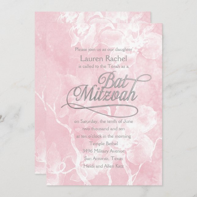 Bat Mitzvah Pink Aquarell Blume Einladung (Vorne/Hinten)