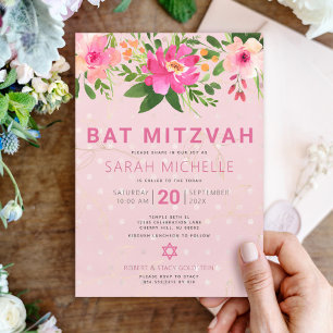 Bat Mitzvah Pink Aquarell Floral Einfach Einladung