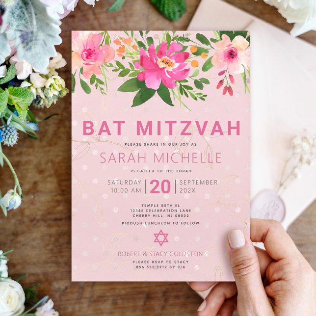 Bat Mitzvah Pink Aquarell Floral Einfach Einladung (Von Creator hochgeladen)