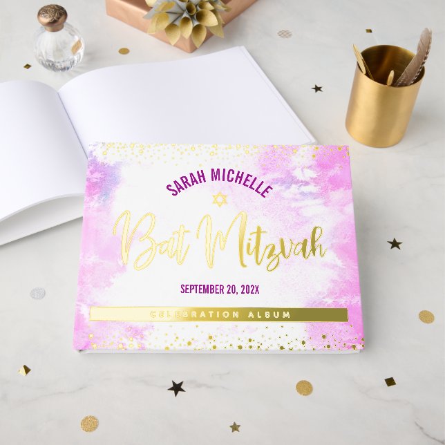 Bat Mitzvah Pink Aquarell Script Real Gold Fossil Gästebuch (Vorderseite offen)
