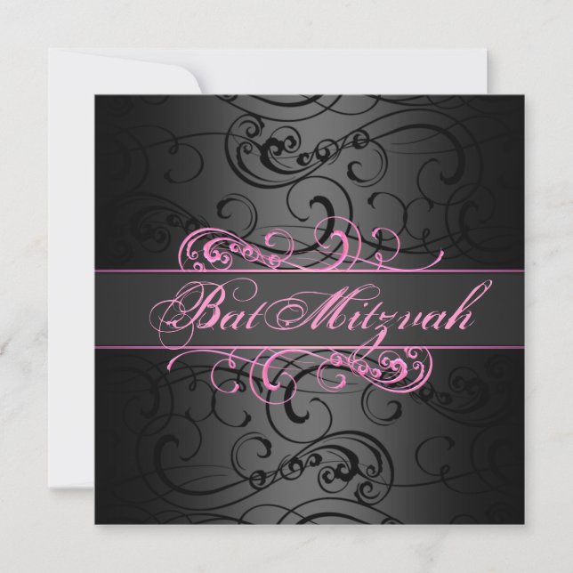 Bat Mitzvah Pink & Black Swirl Geburtstag Einladun Einladung (Vorderseite)