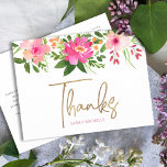 Bat Mitzvah Pink Floral Gold Script Vielen Dank Postkarte<br><div class="desc">Vergewissern Sie sich, dass Ihr Lieblings-Bat Mitzvah ihre Wertschätzung für alle, die ihre Meilenstein-Veranstaltung unterstützt! Schicken Sie diese raffinierte, personalisierte Dankeschön Postcard! Eine schicke, atemberaubende, pinkfarbene und pfirsichfarbene Aquarellfarbe mit Imitaten, Goldfolienskripttypografie und moderner staubiger Rose sans serif type overlay einen weißen Hintergrund. Ein Stern von David, zusammen mit Ihrer personalisierten...</div>