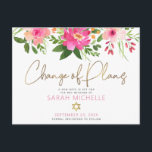 Bat Mitzvah Pink Floral Watercolor Gold Script Einladungspostkarte<br><div class="desc">Achten Sie darauf, dass alle Ihre Freunde und Verwandten den Meilenstein Ihrer Tochter Bat Mitzvah feiern können, unabhängig von den aktuellen unvorhergesehenen globalen Umständen. Schicken Sie diese schicke, personalisierte Ankündigung von "Plan ändern" Postkarte. Eine atemberaubende, rosa und pfirsichfarbene Aquarellfarbe mit Imitaten Goldfolienskripttypografie und moderner staubiger Rose und grauem Sans Serif...</div>