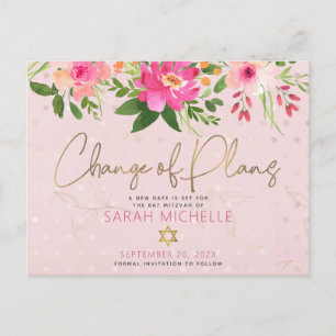 Bat Mitzvah Pink Floral Watercolor Modern Script Einladungspostkarte