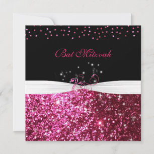 Bat Mitzvah Pink Glitzer White Satin Einladung