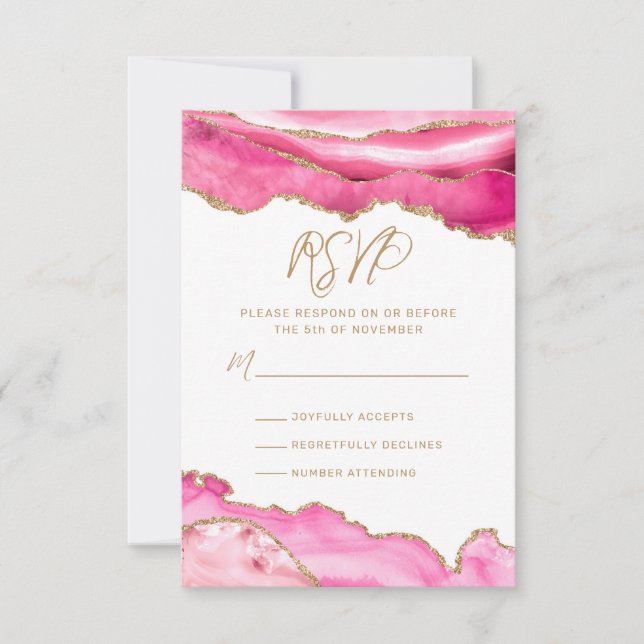 Bat Mitzvah Pink Gold Glitzer Agate RSVP Karte (Vorderseite)