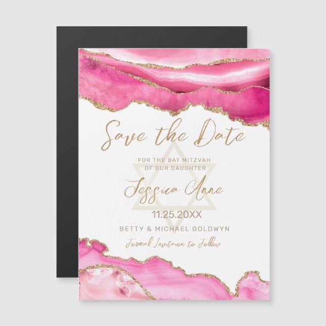 Bat Mitzvah Pink Gold Glitzer Agate Save the Date Magnetkarte (Vorne/Hinten)