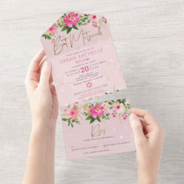 Bat Mitzvah Pink Gold Script Floral Watercolor All In One Einladung
