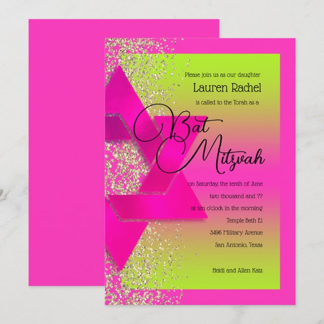 Bat Mitzvah Pink Green Ombre Gold Glitzer Einladung (Vorne/Hinten)