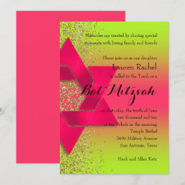 Bat Mitzvah Pink Green Ombre Imitate Gold Glitzer Einladung