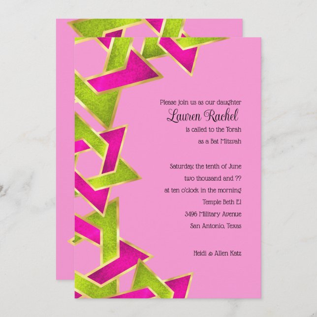 Bat Mitzvah Pink Green Star von David Invitat Einladung (Vorne/Hinten)
