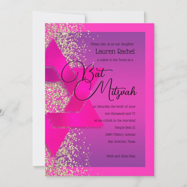 Bat Mitzvah Pink Lila Ombre Gold Glitzer Einladung (Vorderseite)