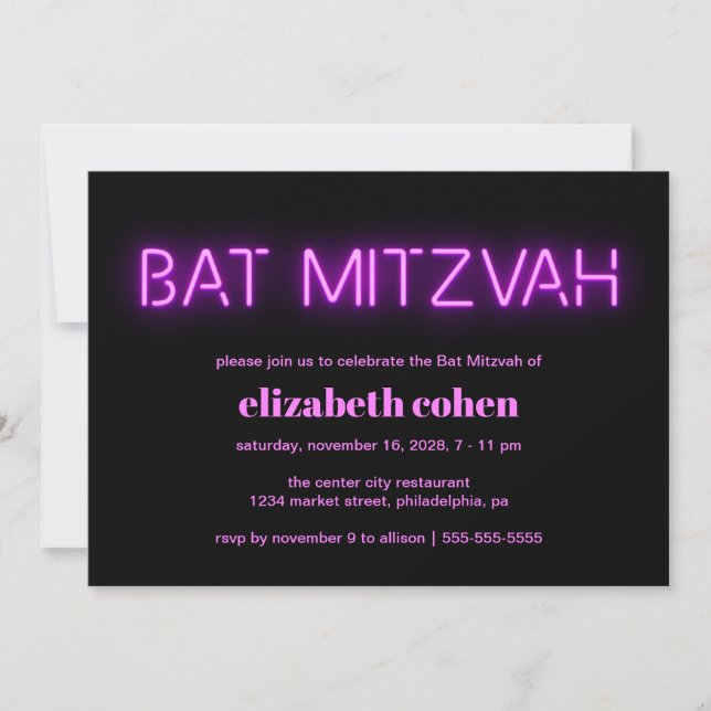 Bat Mitzvah Pink Neon Lights Einladung (Vorderseite)