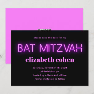 Bat Mitzvah Pink Neon Lights QR Save the Date Einladung