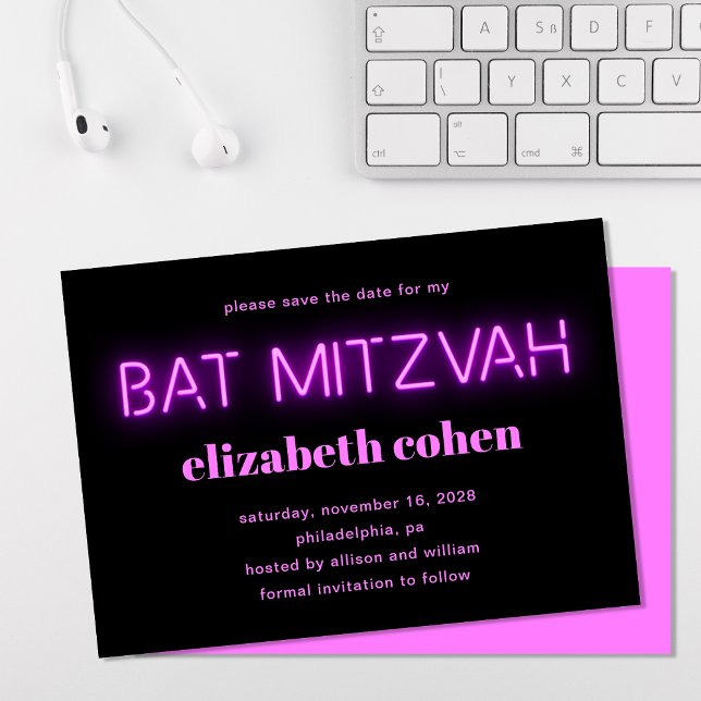 Bat Mitzvah Pink Neon Lights Save the Date Einladung (Von Creator hochgeladen)