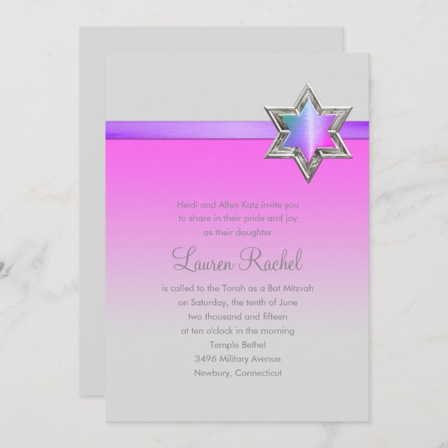 Bat Mitzvah Pink Ombre Ribbon und Star Einladung (Vorne/Hinten)