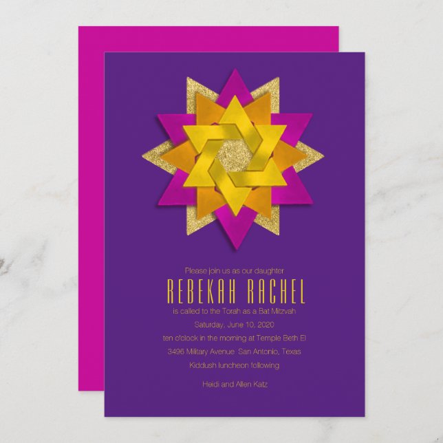 Bat Mitzvah Pink Orange Yellow Star Blumen Lila Einladung (Vorne/Hinten)