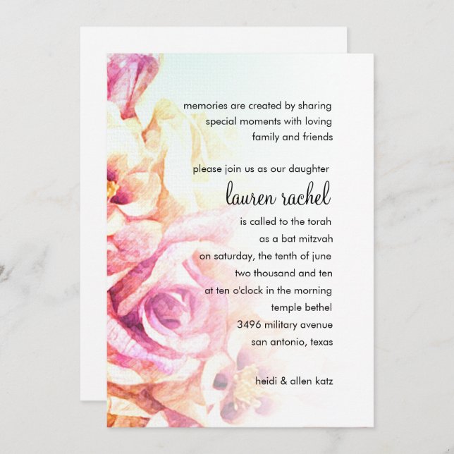 Bat Mitzvah Pink Roses Einladung (Vorne/Hinten)