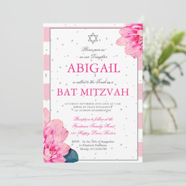 Bat Mitzvah Pink Roses Hebräisch Einladung Silber (Stehend Vorderseite)