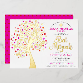 Bat Mitzvah Pink Tree of Life Script Real Gold Folieneinladung