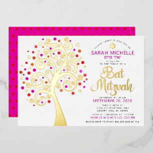 Bat Mitzvah Pink Tree of Life Script Real Gold Folieneinladung