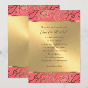 Bat Mitzvah Pink und Gold Filigree Wirbel Einladung