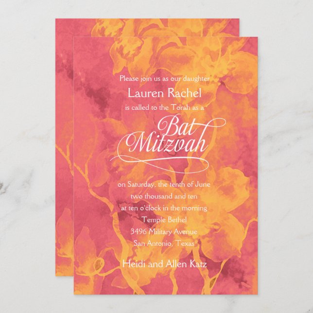 Bat Mitzvah Pink und Orange Blume Einladung (Vorne/Hinten)
