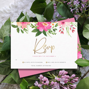 Bat Mitzvah Pink Watercolor Floral Gold Script RSVP Karte