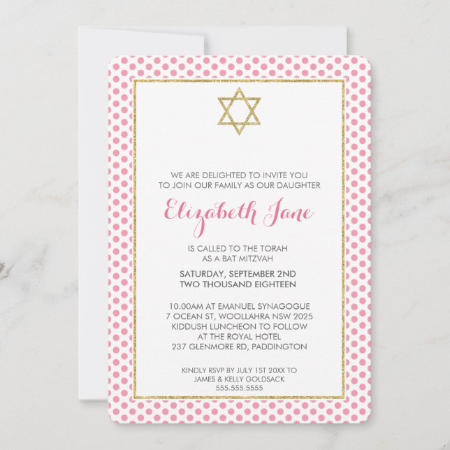 BAT MITZVAH polka dot pattern gold Glitzer pink Einladung (Vorderseite)