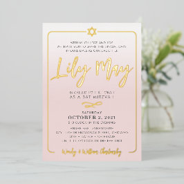 BAT MITZVAH pretty script pale pink ombre gold Folieneinladung