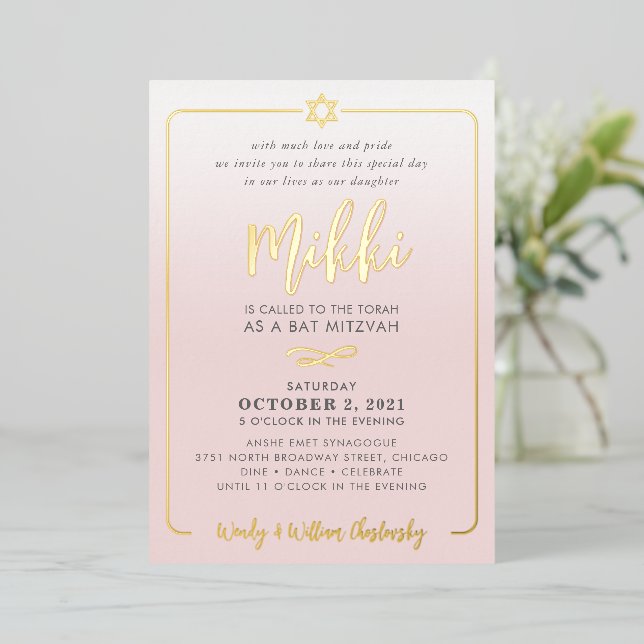 BAT MITZVAH pretty script pale pink ombre gold Folieneinladung (Stehend vorne)