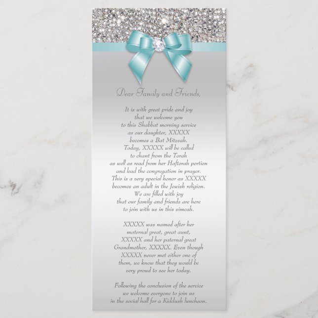 Bat Mitzvah Programm Silver Sequin Aquamarin Bow (Vorderseite)