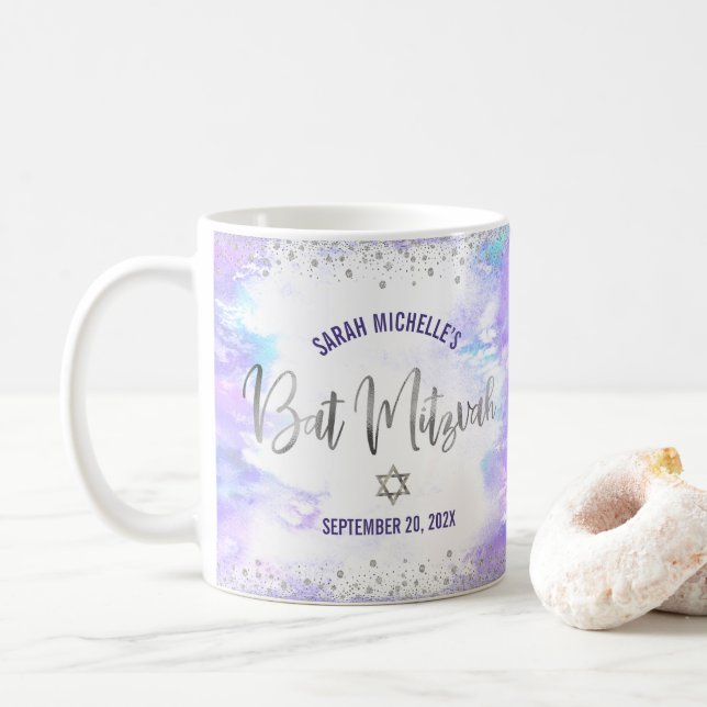 Bat Mitzvah Purple Watercolor Silver Script Modern Kaffeetasse (Mit Donut)