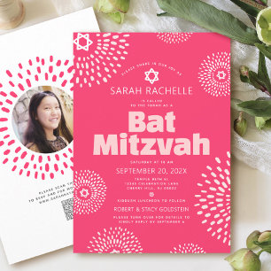 Bat Mitzvah QR Code Rosa Foto Sternenexplosion Pop Einladung