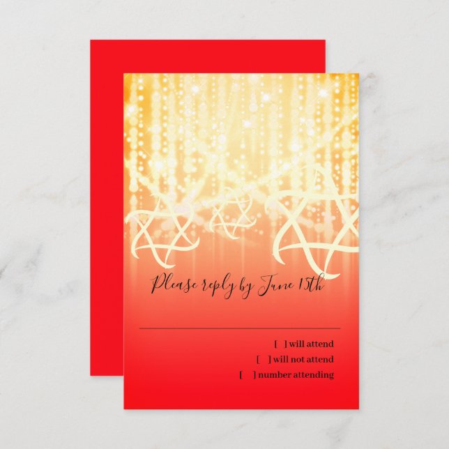 Bat Mitzvah Red and Gold Funkelnd Lights RSVP Karte (Vorne/Hinten)