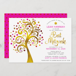 Bat Mitzvah Red Gold Foil Moderner, mutiger Baum d Einladung