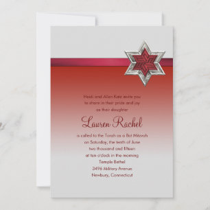Bat Mitzvah Red Ombre Ribbon und Star Einladung