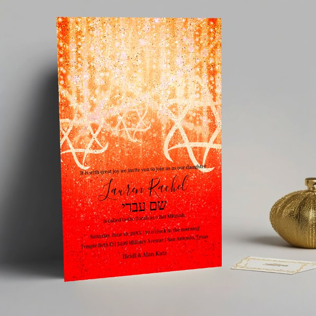 Bat Mitzvah Red Orange Gold Extra Funkelnd Einladung (Von Creator hochgeladen)