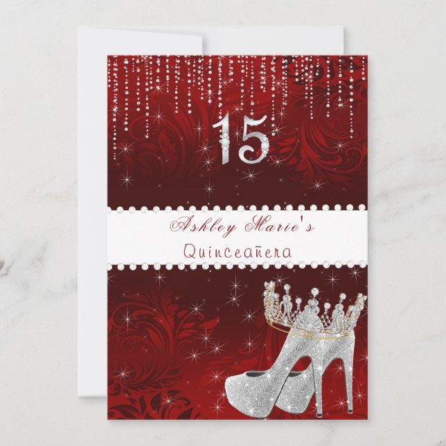Bat Mitzvah Red Satin Princess Crown Diamonds Invi Einladung (Vorderseite)