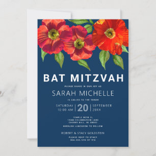 Bat Mitzvah Red Watercolor Floral Navy Blau Modern Einladung