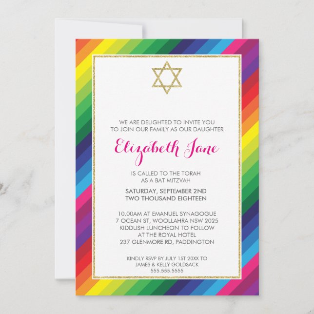 BAT MITZVAH Regenbogenstreifen-Muster Gold-Glitzer Einladung (Vorderseite)