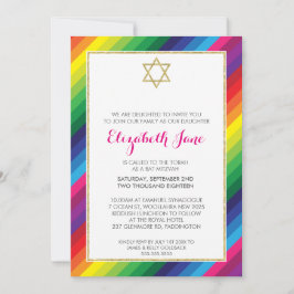 BAT MITZVAH Regenbogenstreifen-Muster Gold-Glitzer Einladung