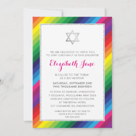 BAT MITZVAH Regenbogenstreifen, silberfarbener Gli Einladung