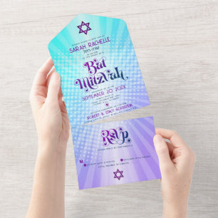 Bat Mitzvah Retro Blau Lila Farbverlauf Boho Bold All In One Einladung