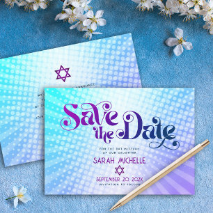 Bat Mitzvah Retro Blue Lila Ombre Gradient Boho Save The Date