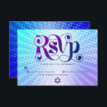 Bat Mitzvah Retro Boho Blue Lila Gradient Bold RSVP Karte<br><div class="desc">Seien Sie stolz, freuen Sie sich und präsentieren Sie diesen Meilenstein Ihres Lieblings-Bat Mitzvah! Fügen Sie diese Boho, Retro, personalisierte UAWG Insert-Karte für Ihre Veranstaltung. Die trendige, fett lila und marineblaue Typografie mit moderner Sans-Serif-Typografie überlagert den Hintergrund von türkisfarbenen Pop und lila Ober-Farbradien mit weißen Punkten. Auf der Rückseite, ein...</div>